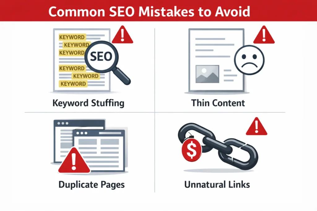 common seo mistakes keyword stuffing duplicate content spam backlinks