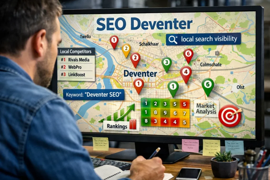 SEO expert analyzing Deventer map with local business rankings and keyword pins