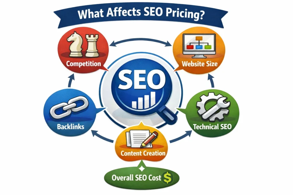 factors influencing seo pricing competition website size content backlinks