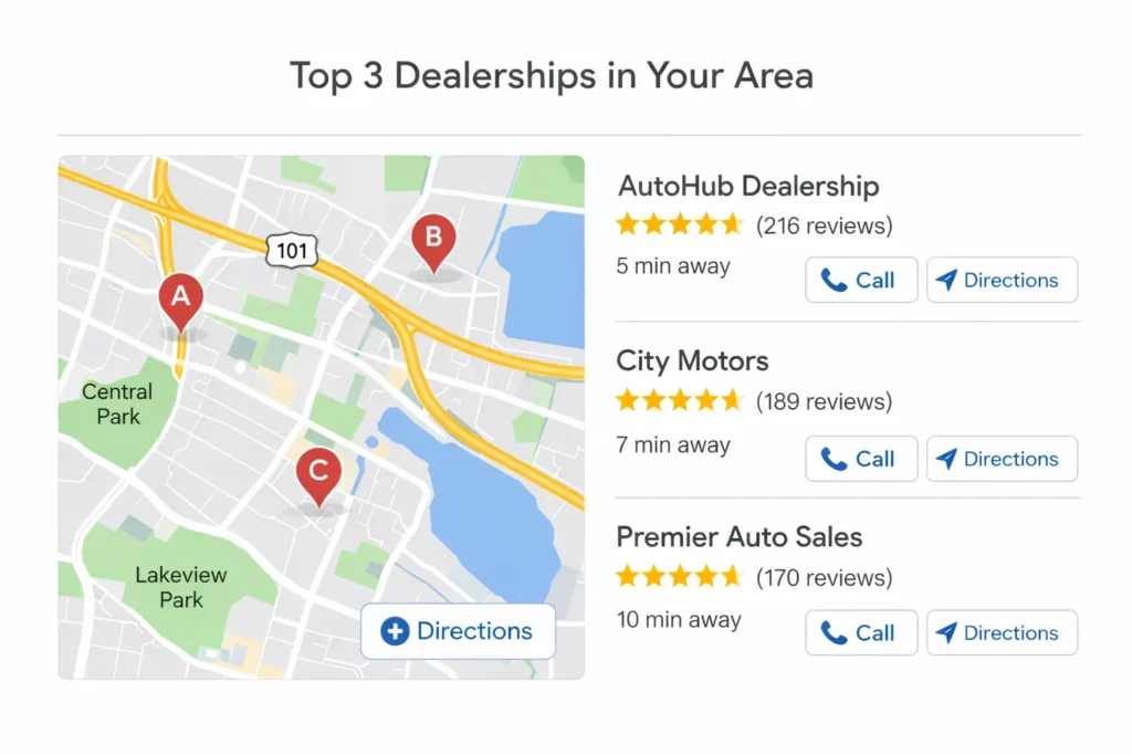 car dealership google maps 3 pack local seo results