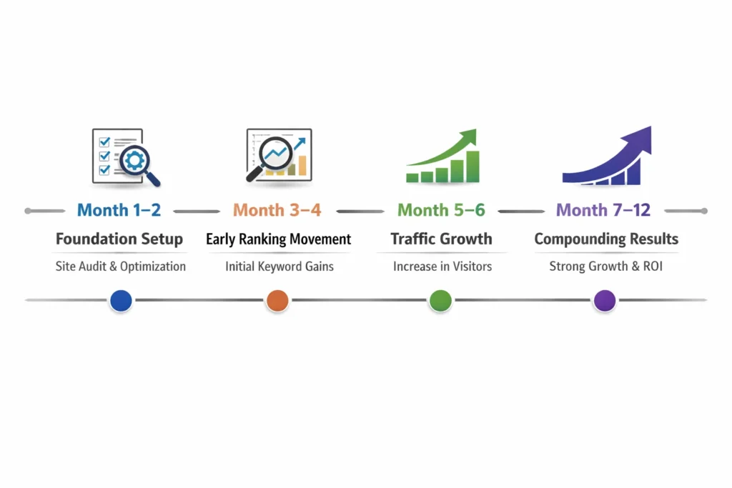 monthly SEO progress timeline for Greensboro businesses showing growth stages