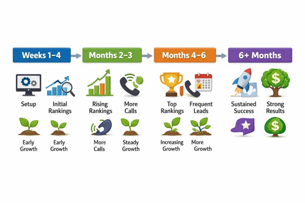 local seo growth phases timeline months ranking improvements