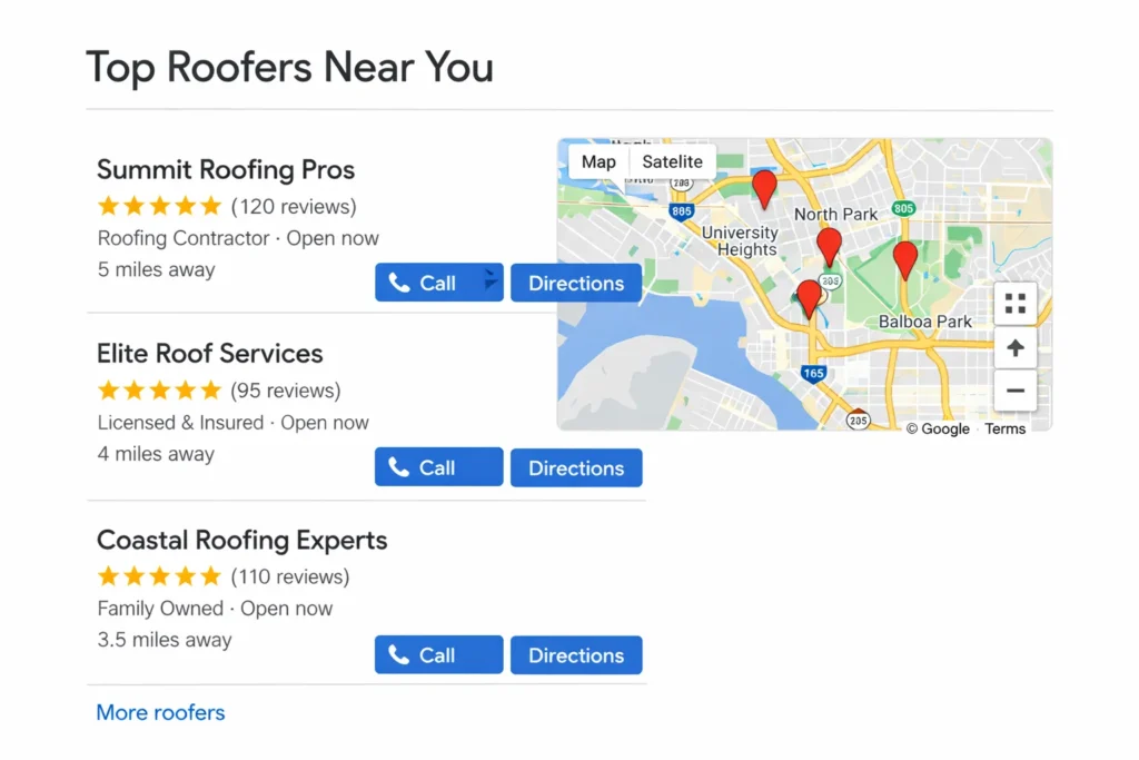 roofing companies google 3 pack local search results