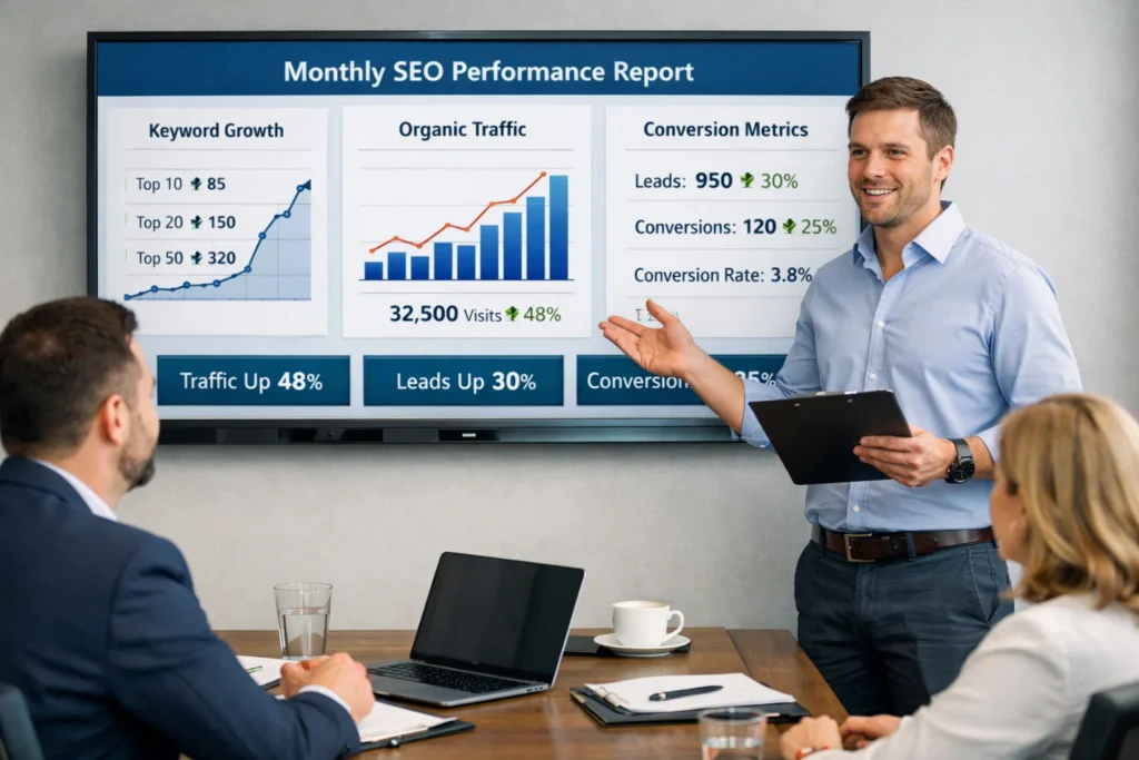 SEO report dashboard with branded layout showing rankings and traffic data