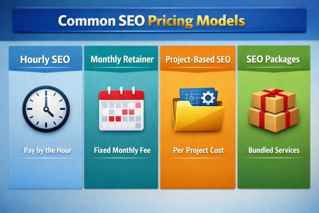 seo pricing models hourly retainer project package comparison
