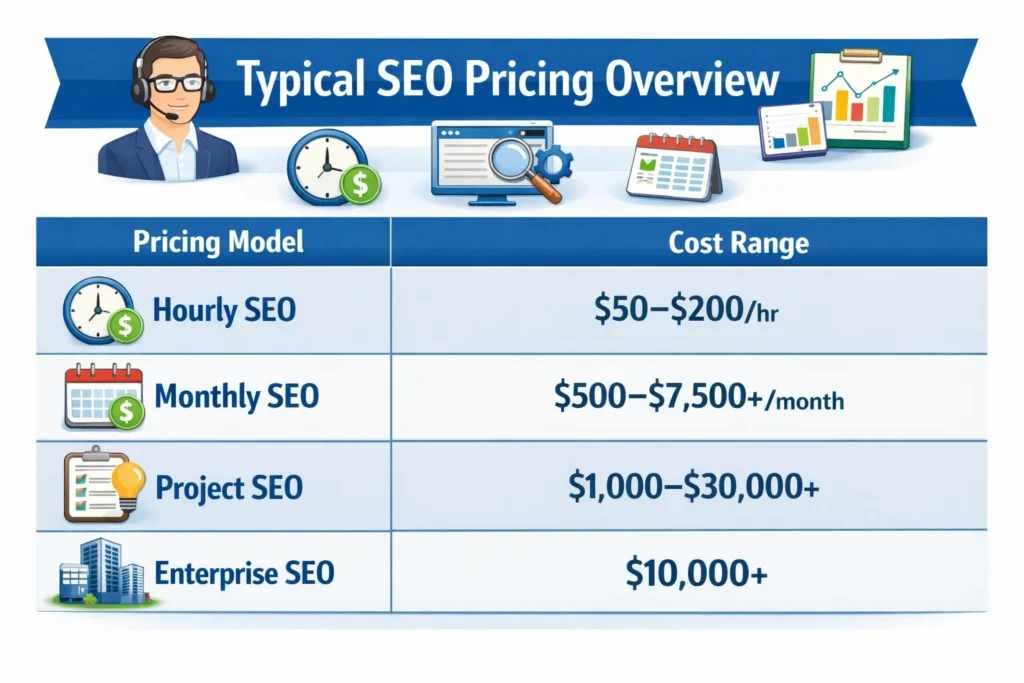 seo pricing breakdown hourly monthly project enterprise seo costs