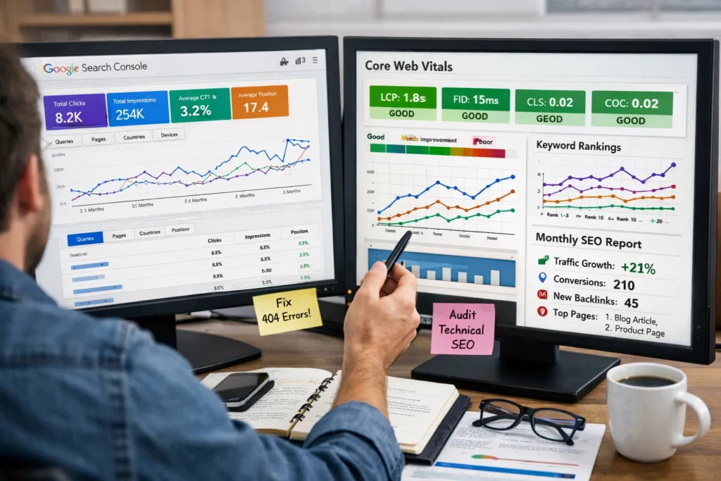 SEO performance dashboard showing Core Web Vitals, rankings, and analytics reports on dual screens