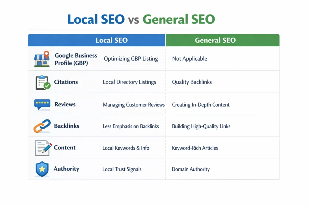 local seo vs general seo comparison chart ranking factors keywords