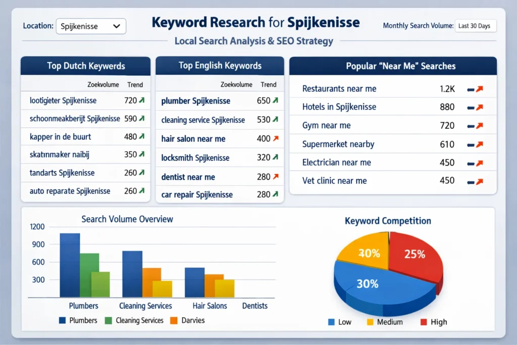 SEO specialist analyzing Spijkenisse keyword research dashboard and search trends