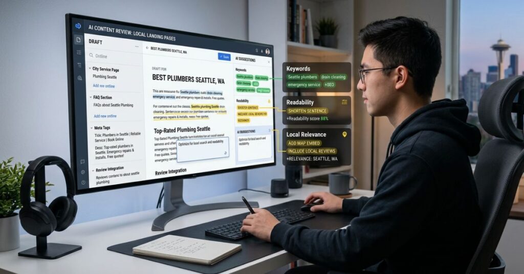 SEO expert using AI tools to analyze local keywords and search trends