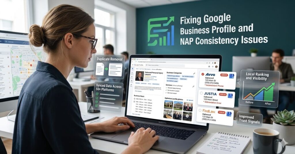 SEO specialist updating Google Business Profile and fixing inconsistent business listings