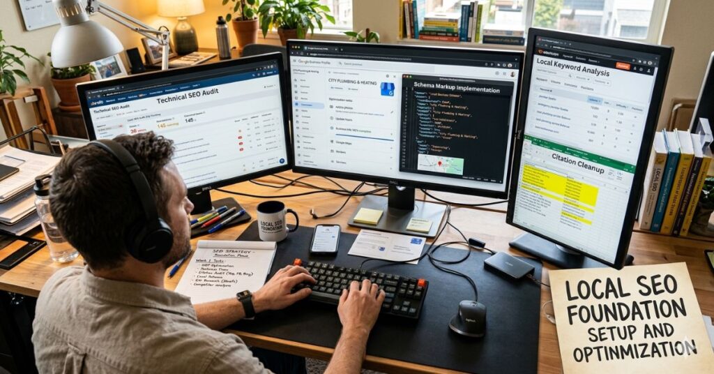 business owner setting up Google Business Profile citations and local SEO foundations
