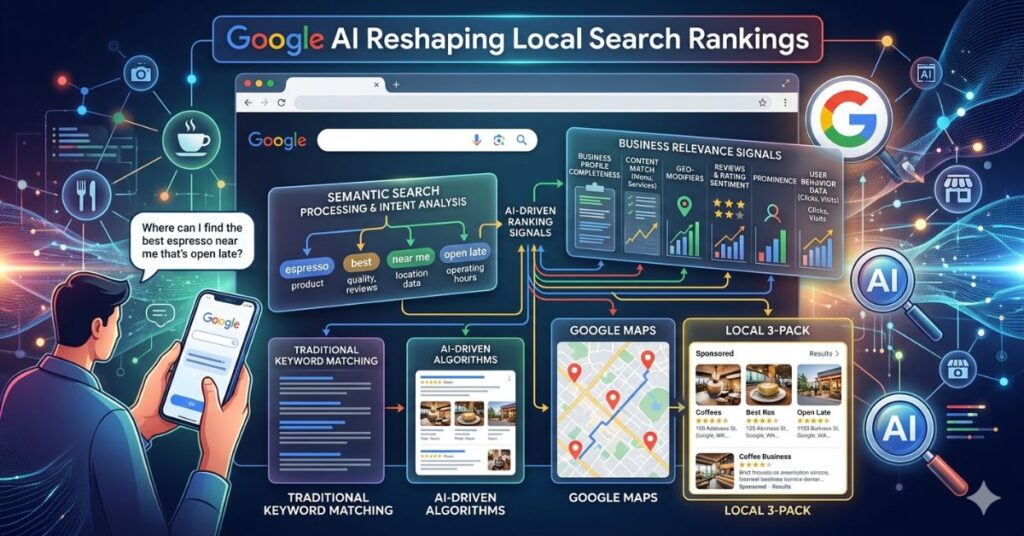 Google AI systems analyzing local search intent and ranking business profiles