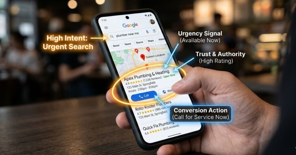 Business profile showing reviews, photos, and contact options in Google