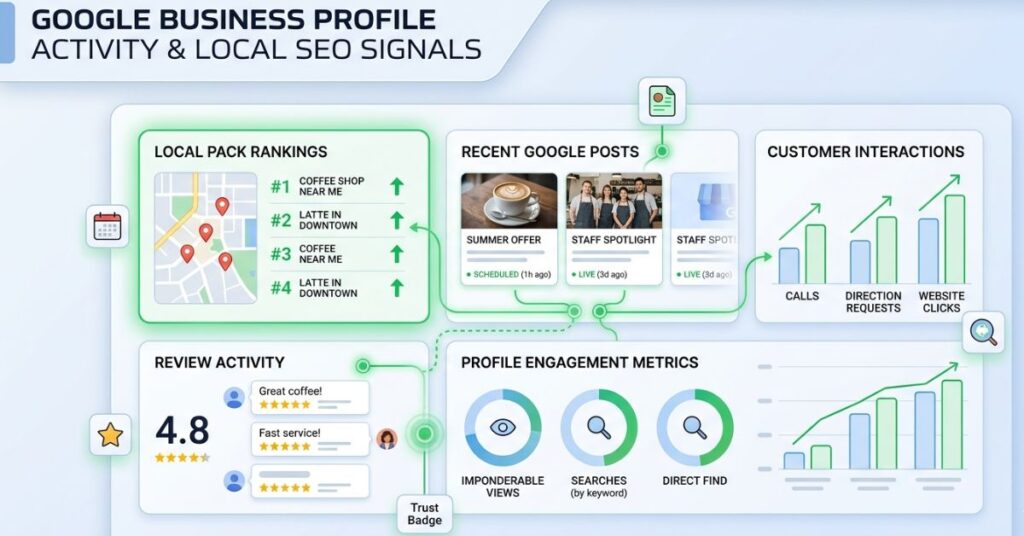 active Google Business Profile posts and local SEO engagement metrics