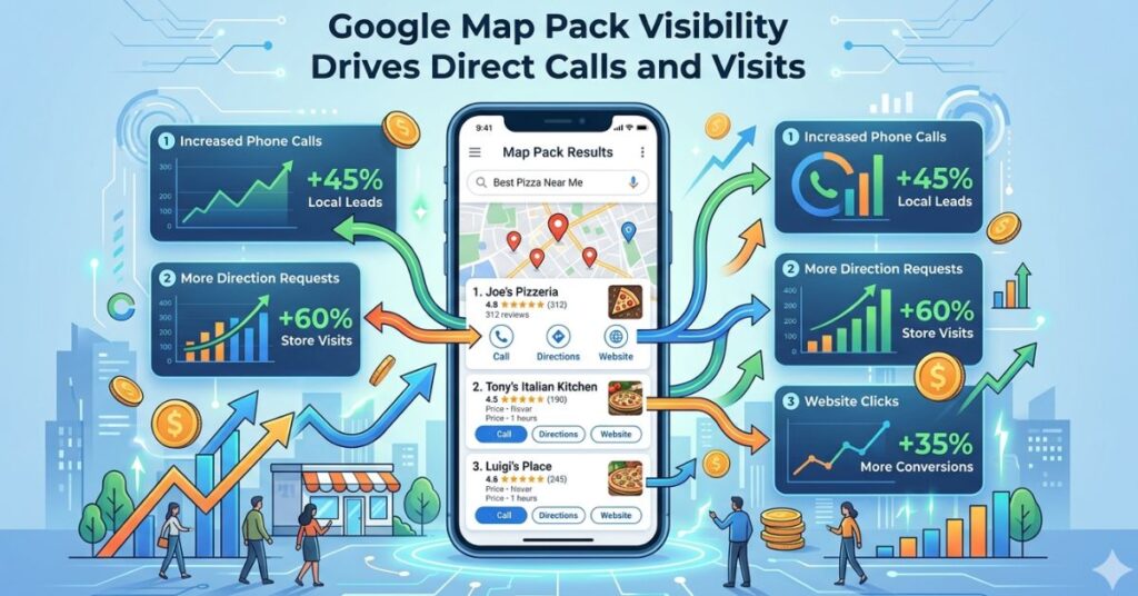 Google Map Pack results showing direct calls and customer actions