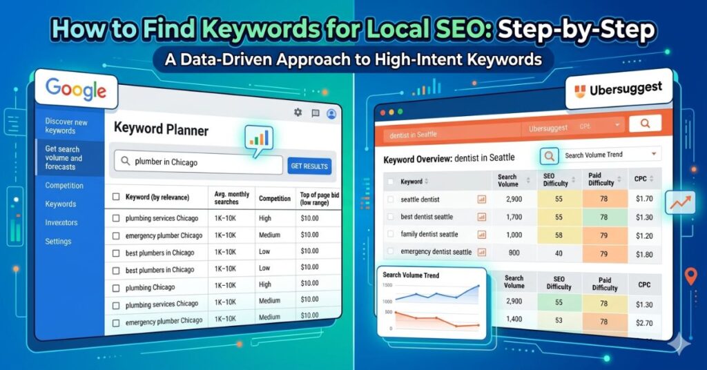 SEO tools dashboard showing keyword research using Google Keyword Planner and Ubersuggest