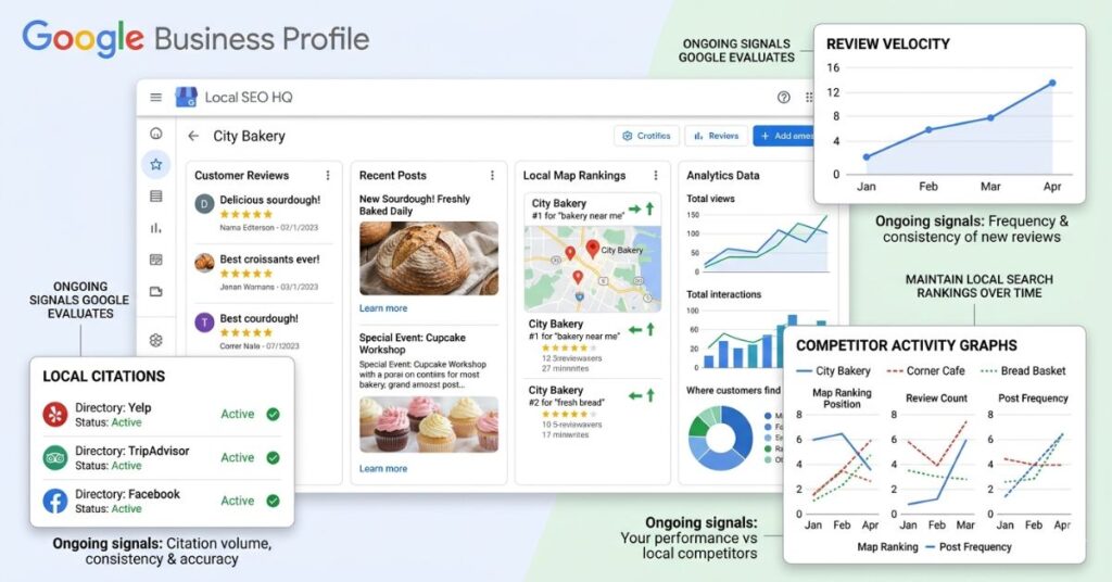Google Business Profile activity reviews and local ranking signals dashboard