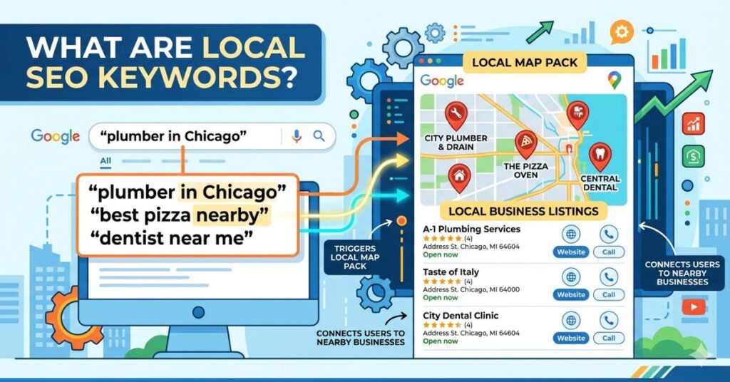 google search results showing local businesses and map pack with location based keywords