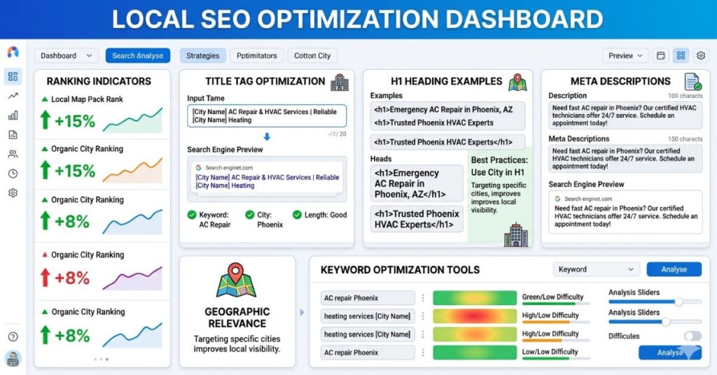 SEO specialist optimizing title tags and H1 headings with local city keywords