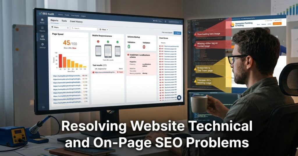 Developer reviewing website performance, mobile usability, and on-page SEO issues