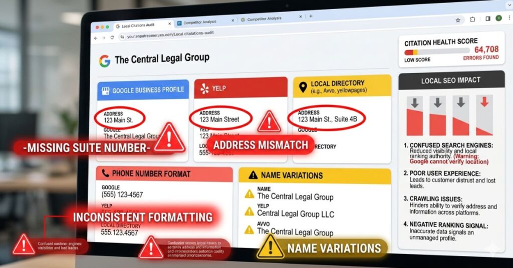 Business listings showing variations in name, address, and phone formats