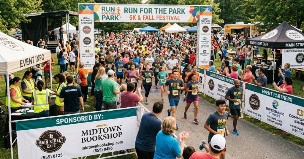 business sponsor banner displayed at a local charity event with website branding
