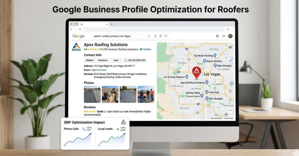 SEO specialist optimizing roofing company Google Business Profile with reviews and local map visibility