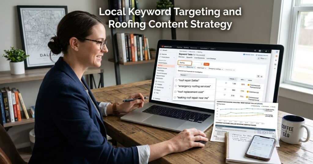 SEO expert researching roofing keywords and creating local content strategy