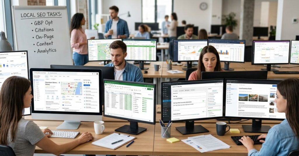 SEO team managing GBP optimization, citations, and local SEO tasks