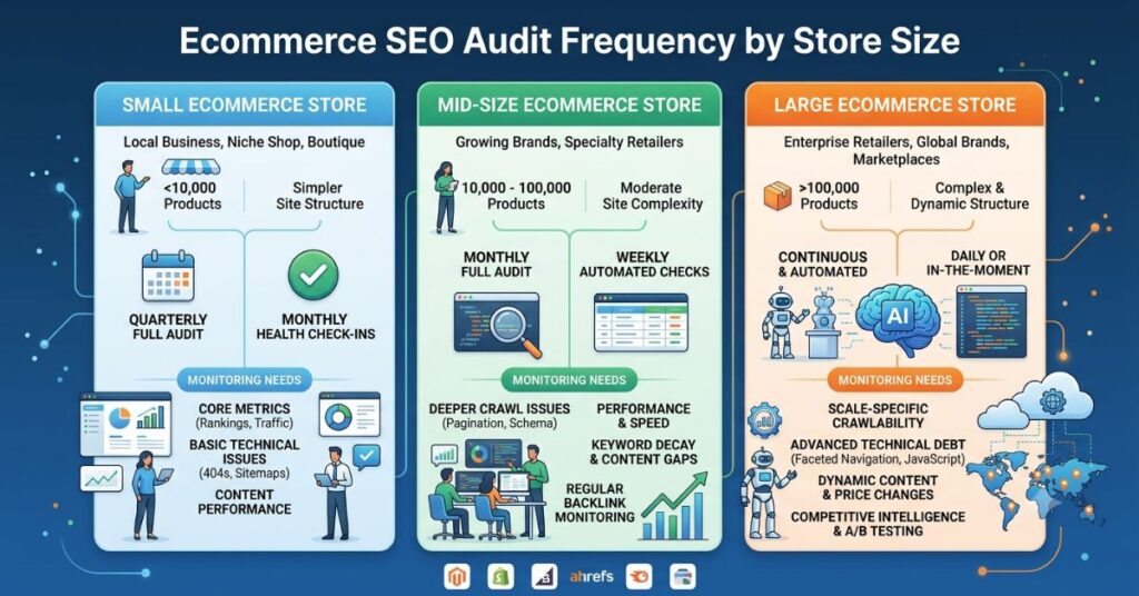comparison of small medium and large ecommerce stores with audit timeline