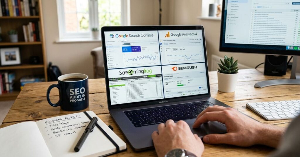 laptop showing Google Search Console Screaming Frog and analytics tools