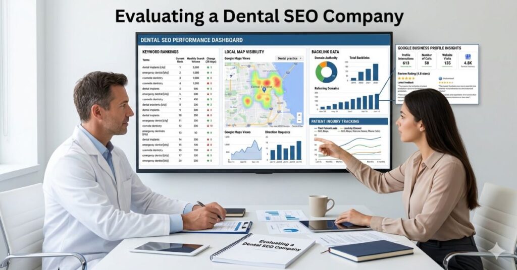 Dentist reviewing dental SEO deliverables and ranking reports