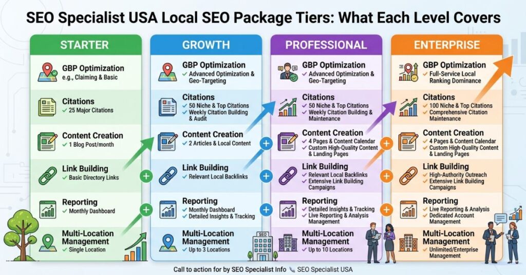 Comparison of local SEO package tiers with different service levels and business goals