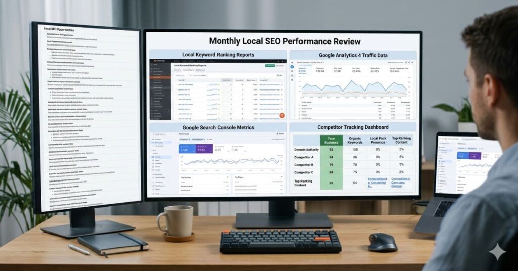 reviewing local keyword rankings traffic and Google Business Profile Insights