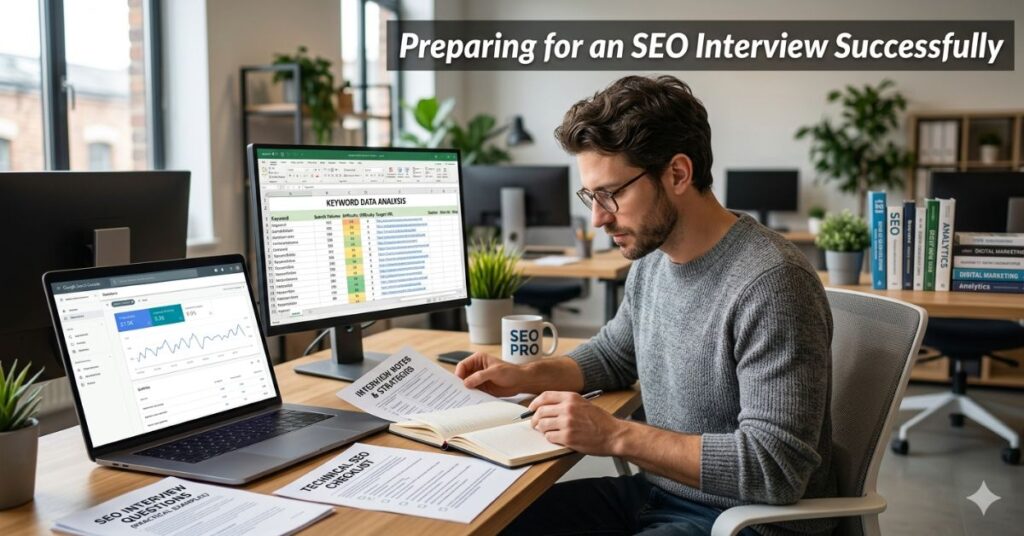 SEO candidate studying SEO concepts and analytics tools before interview