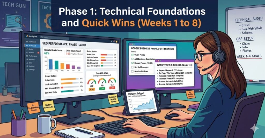 SEO specialist fixing technical website issues and optimizing Google Business Profile