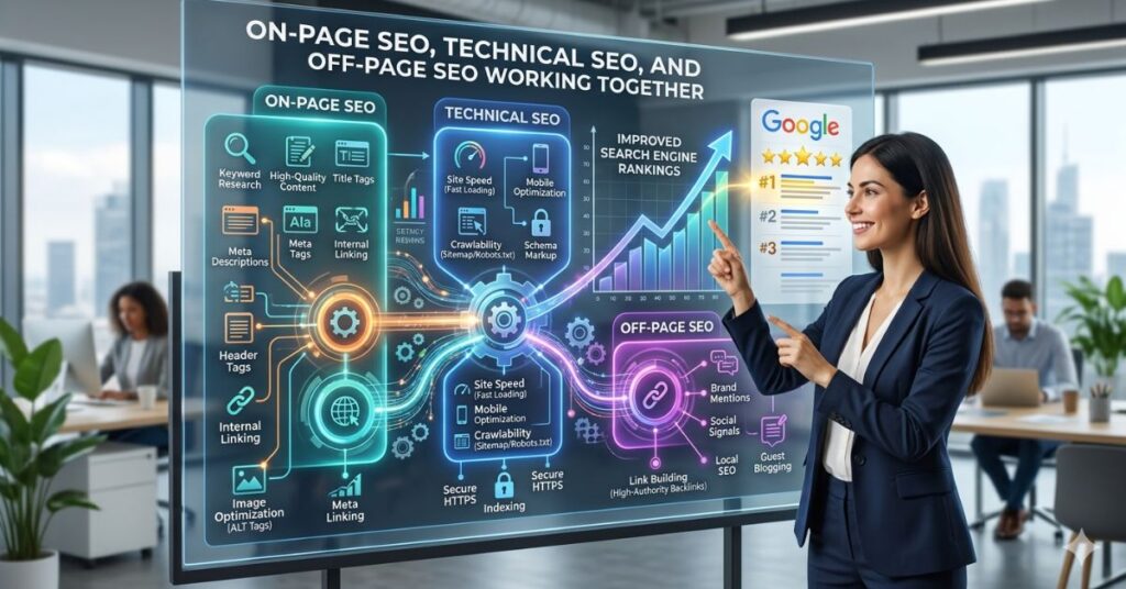 On-page SEO, technical SEO, and off-page SEO working together