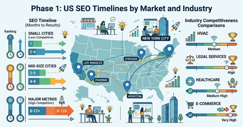 Comparison of SEO competition levels across different US cities and industries