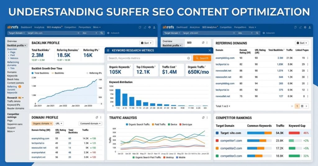 Ahrefs dashboard showing keyword and backlink analysis