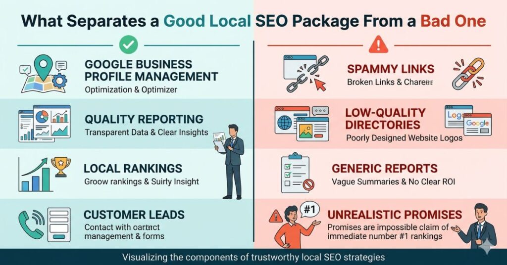 SEO consultant comparing high-quality local SEO services against low-quality SEO packages
