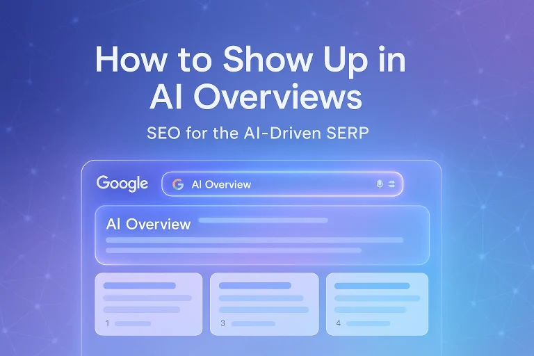 Hero image displaying an AI-generated search overview box above organic results, representing AI-powered visibility.