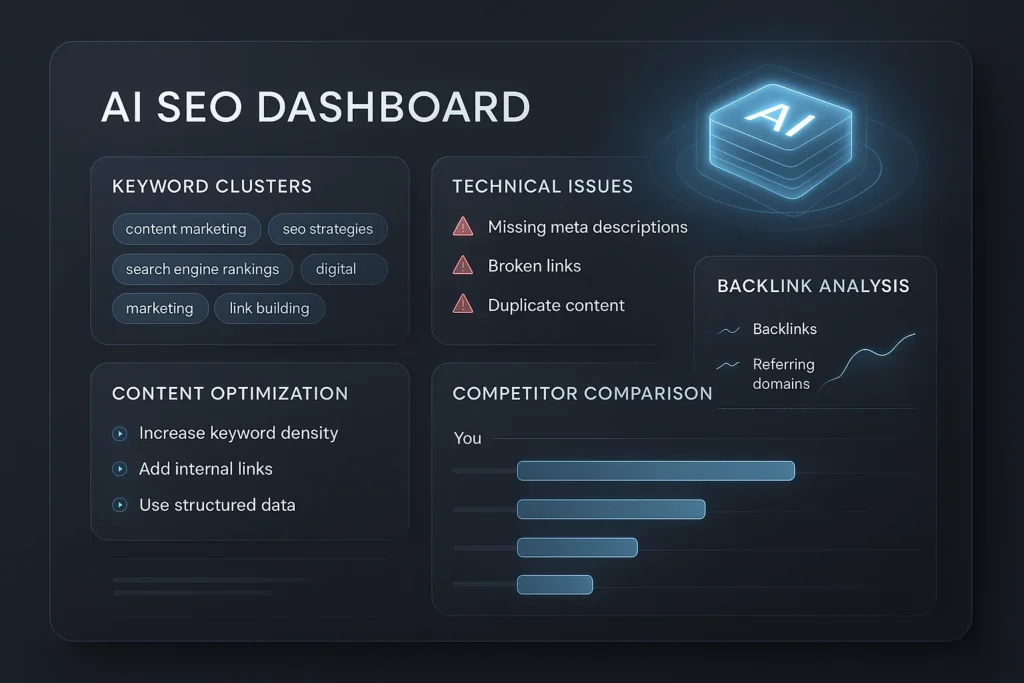 AI dashboard analyzing SEO data including keywords, content optimization, and link metrics.