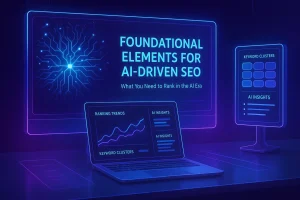 Futuristic hero image showing AI intelligence graphics and SEO analytics combined to represent AI-powered SEO fundamentals.