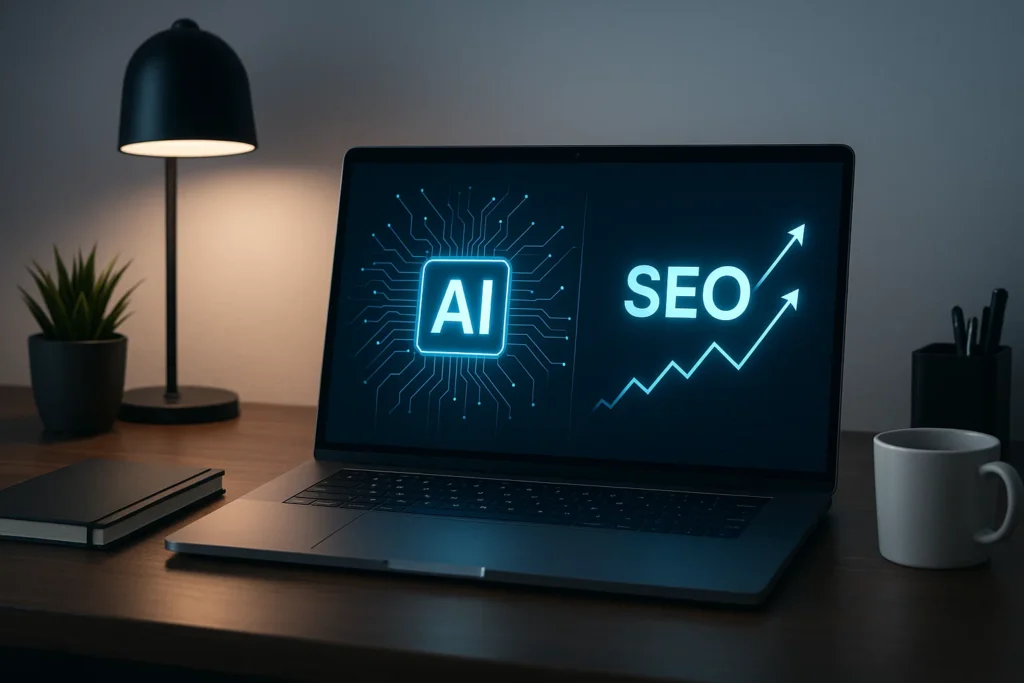 AI interface showing SEO growth visuals in a modern CTA section workspace.