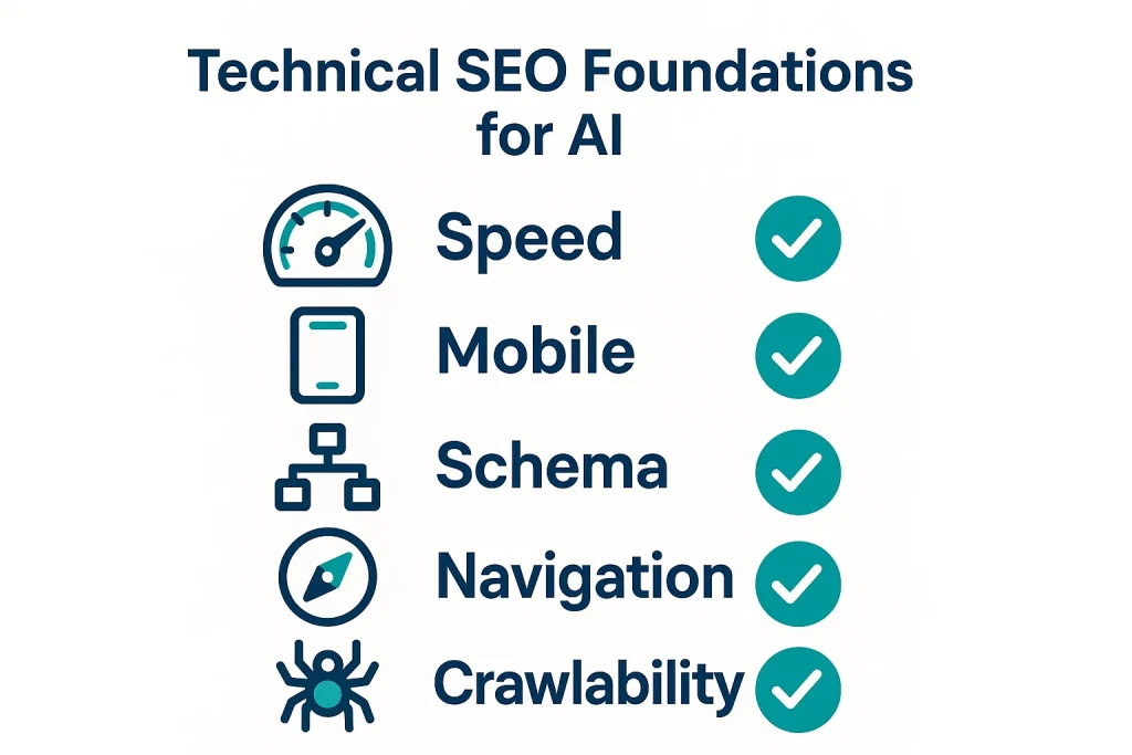 Infographic showing the six foundational elements of AI-driven SEO with visually clear labels and icons.