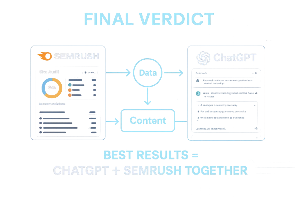 Visual showing ChatGPT and Semrush combined as the best workflow for SEO.