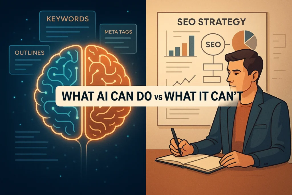 Visual comparing ChatGPT’s SEO capabilities with its limitations requiring human expertise.