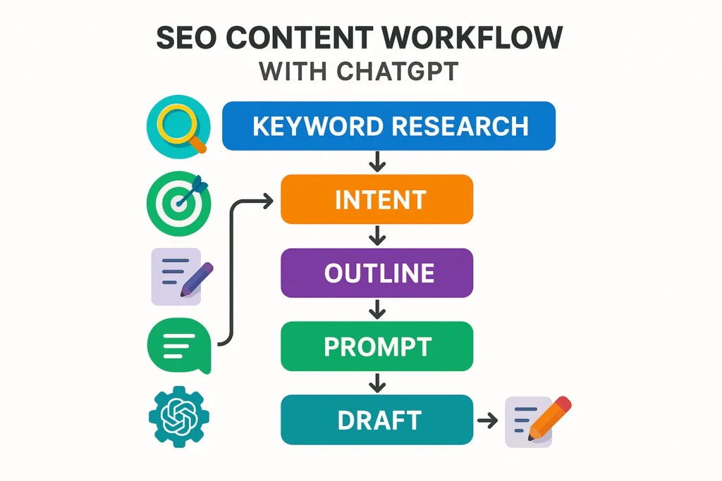 How to Write SEO Optimized Content With ChatGPT 6 Infographic showing the 6-step ChatGPT SEO writing process from keyword research to final editing.