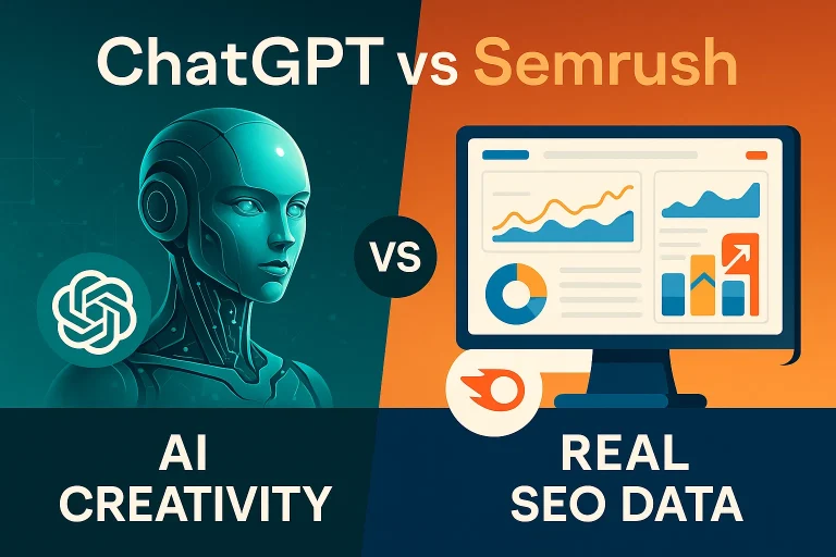 Split-screen visual comparing ChatGPT’s AI creativity with Semrush’s data-driven SEO tools.